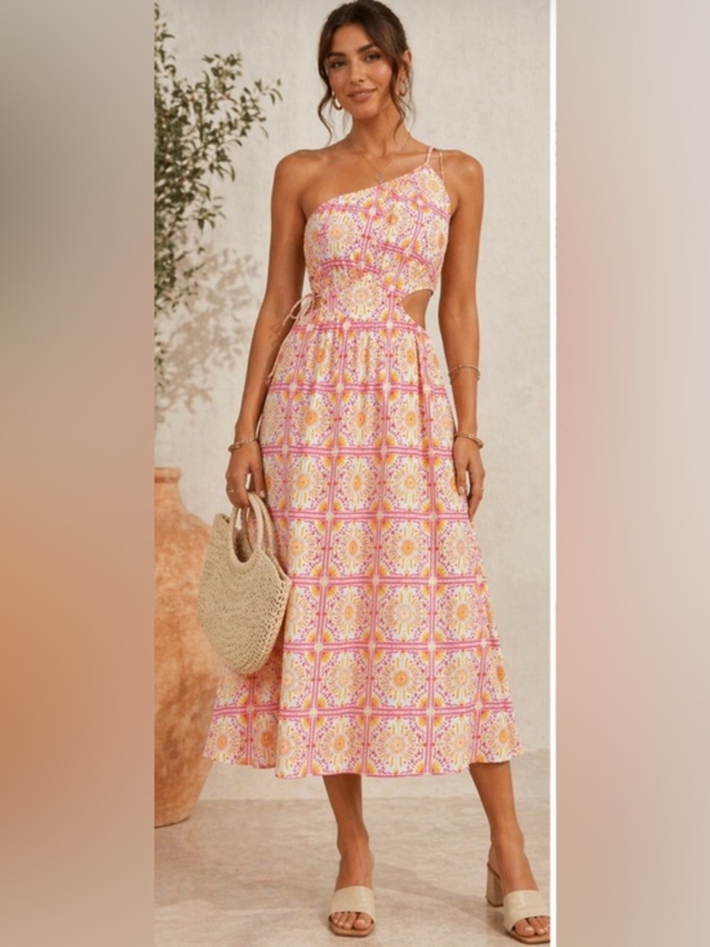 Pink Yellow Tile Print Cutout One Shoulder Midi Sundress NWT M